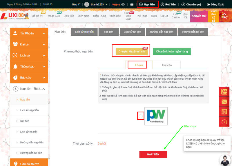 Nạp rút tiền Lixi88
